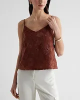 Embroidered Floral Mesh V-Neck Cami Brown Women's L