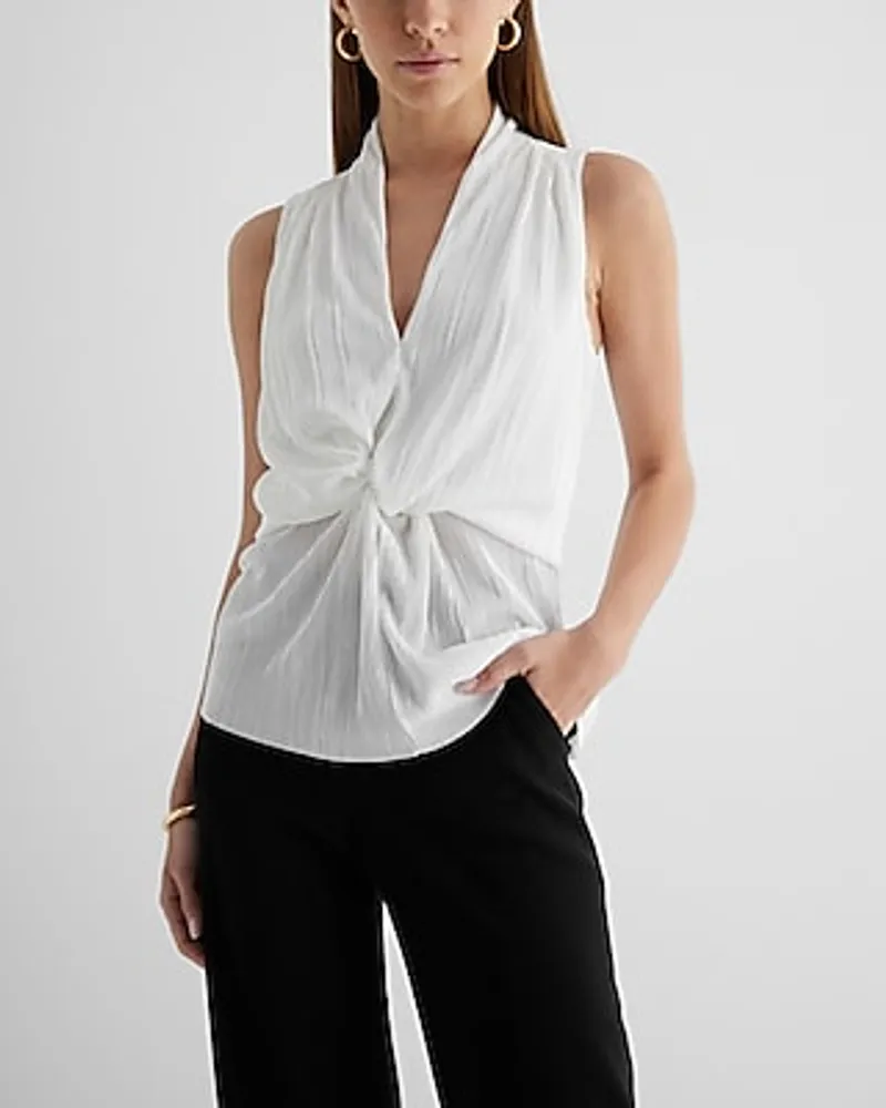 V-Neck Pleated Twist Front Draped Tank