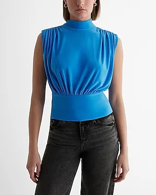 Mock Neck Draped Banded Bottom Tank Blue Women's S