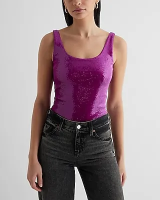 Body Contour Sequin Scoop Neck Bodysuit Pink Women's XS