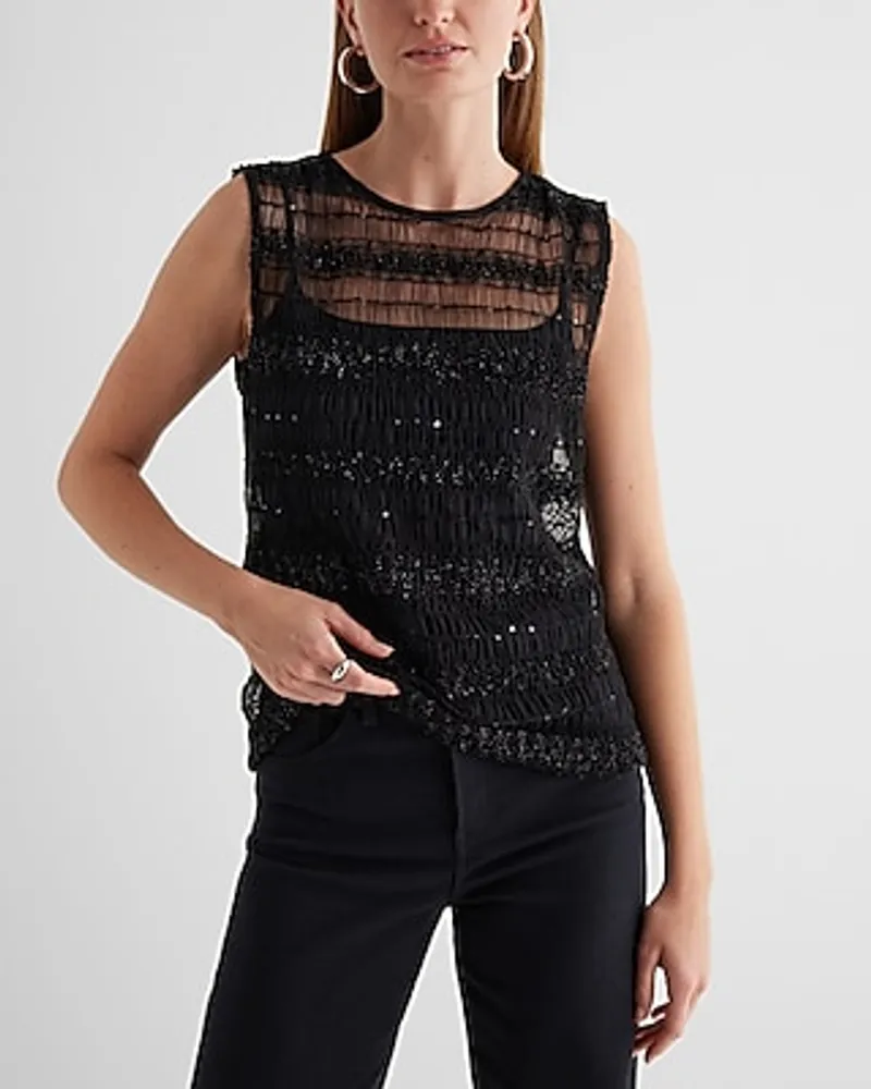 Skimming Mesh Crew Neck Pleated Tank