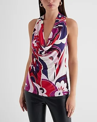 Skimming Printed Draped Cowl Neck Racerback Tank Purple Women's XS