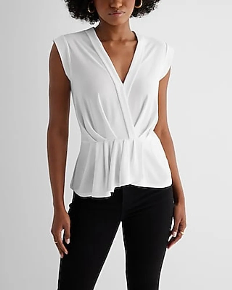 Skimming V-Neck Pleated Peplum Top White Women's XS