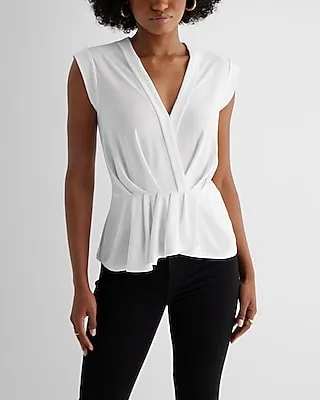 Skimming V-Neck Pleated Peplum Top White Women's S