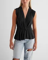 Skimming V-Neck Pleated Peplum Top Black Women's