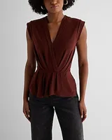 Skimming V-Neck Pleated Peplum Top Brown Women's XS