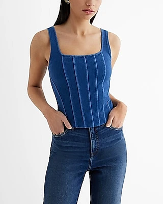 Body Contour Medium Denim Square Neck Corset Crop Top Blue Women