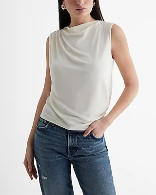 Skimming Draped Cowl Neck Pleated Shoulder Tank White Women's