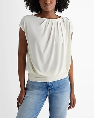 Skimming Crew Neck Pleated Banded Bottom Top White Women's XS