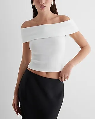 Fitted Ribbed Off The Shoulder Overlay Top White Women's M