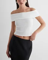 Fitted Ribbed Off The Shoulder Overlay Top White Women's S