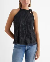 Metallic Tie Halter Neck Pleated Top Black Women's M