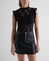 Lace Crew Neck Flutter Sleeve Top With Bralette Black Women's XS