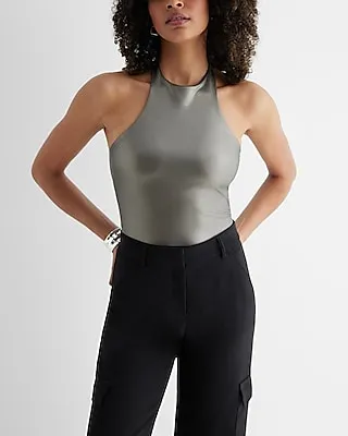 Body Contour Metallic Faux Leather Halter Neck Bodysuit