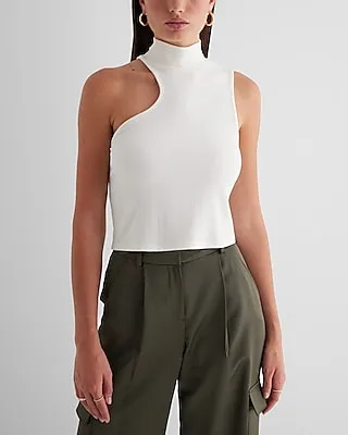 Fitted Ribbed Mock Neck Cutout Crop Top White Women's XS
