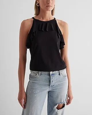 High Neck Ruffle Tank Black Women's XS