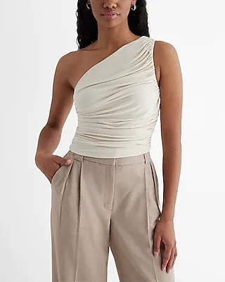 Fitted One Shoulder Ruched Crop Top Neutral Women's XS