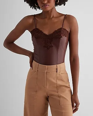 Body Contour Faux Leather Lace Crop Top Brown Women