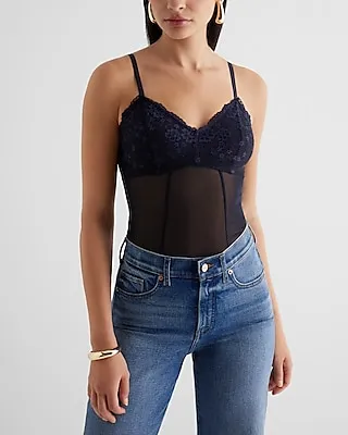 Fitted Lace Mesh V-Neck Bustier Bodysuit Blue Women's XS