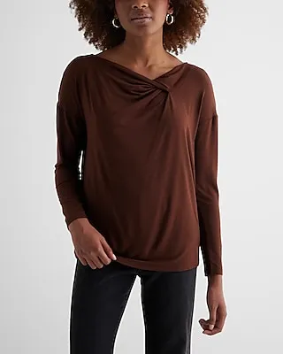 Supersoft Relaxed Notch Draped Neck Long Sleeve Tee Brown Women's S