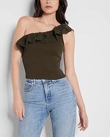 Lace Ruffle One Shoulder Crop Top Green Women's XXS