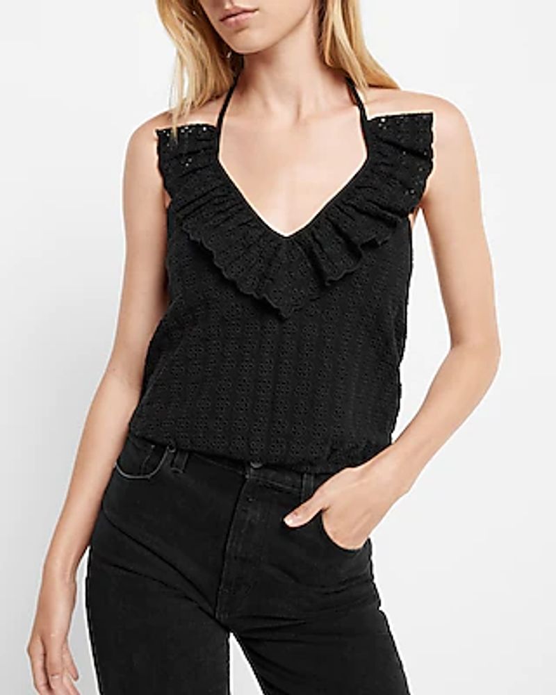 Eyelet Ruffle Halter V-Neck Bubble Tank Black Women's