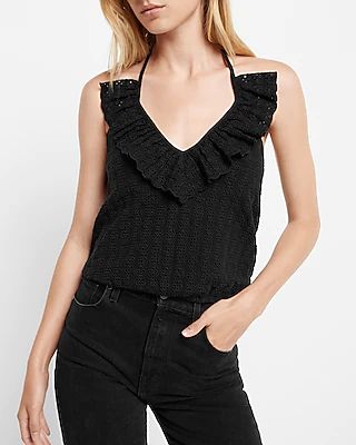 Eyelet Ruffle Halter V-Neck Bubble Tank Black Women's M