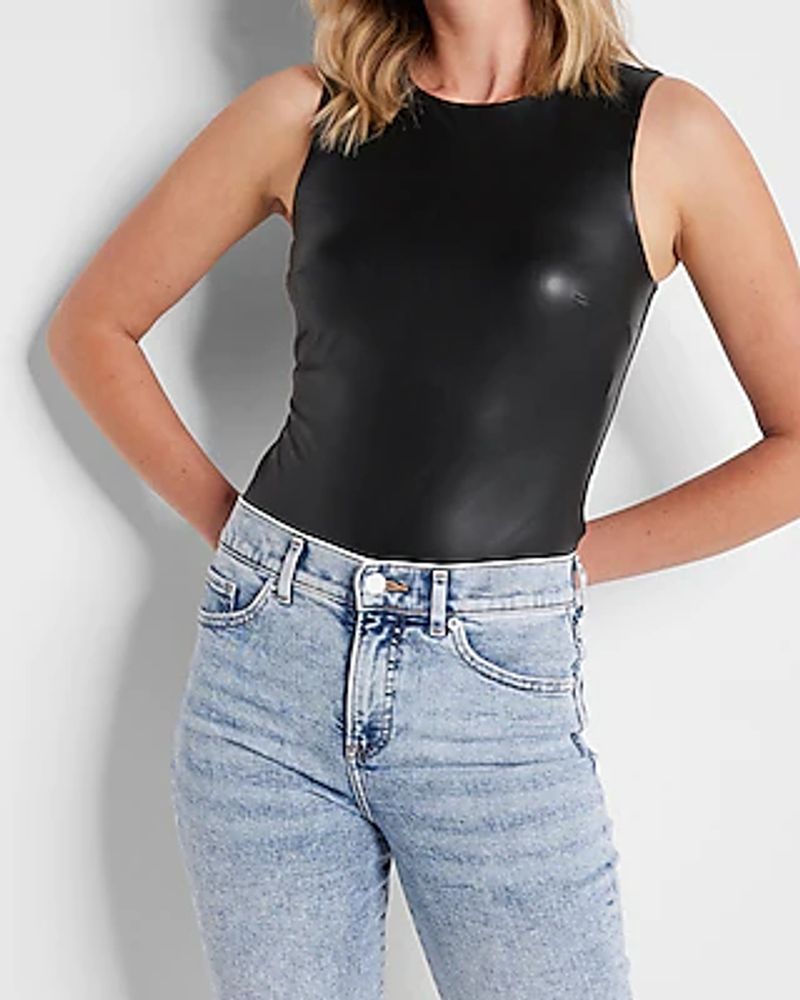 Black Faux Leather Smocked Tank Top