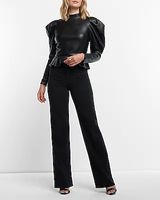 Faux Leather Mock Neck Puff Sleeve Peplum Top Women's