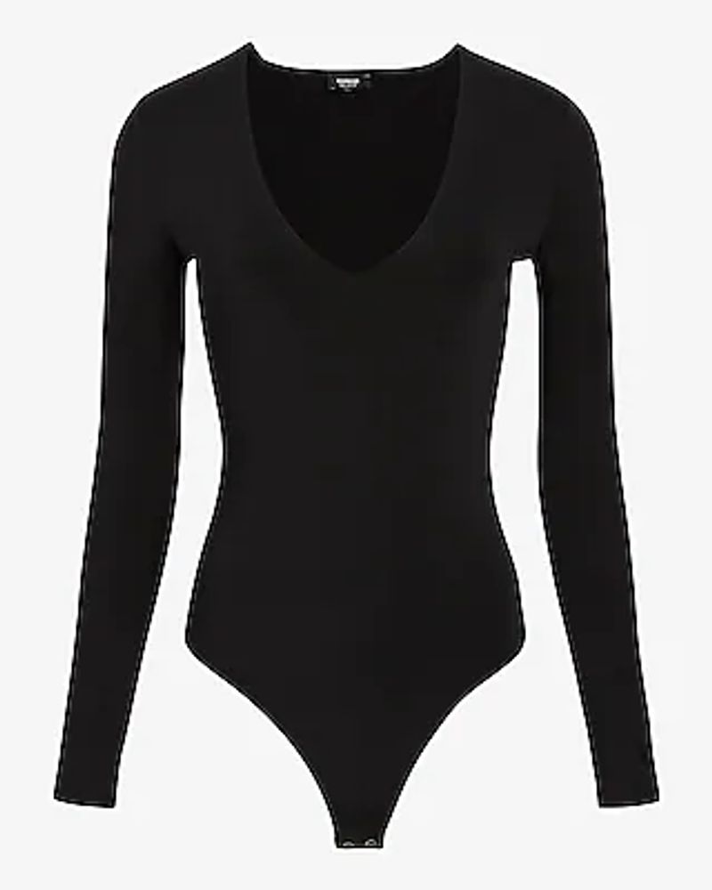 Express Bodycon Compression Deep V-Neck Bodysuit Black Women's XS