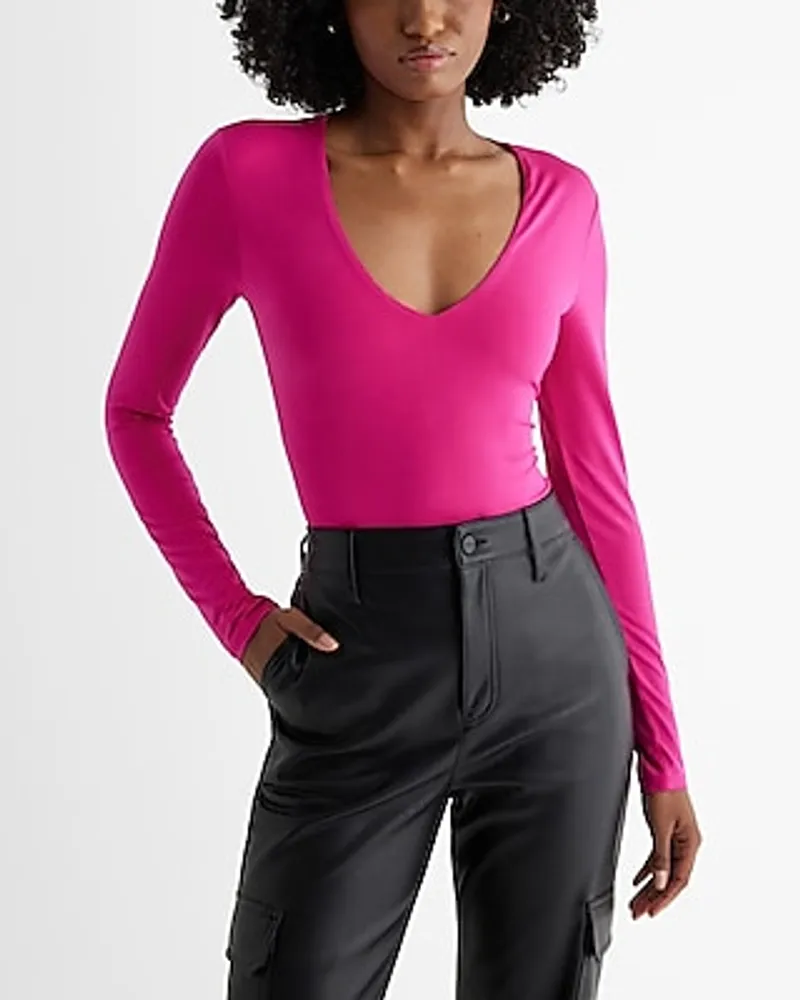 Express Body Contour Compression V-Neck Long Sleeve Bodysuit Pink