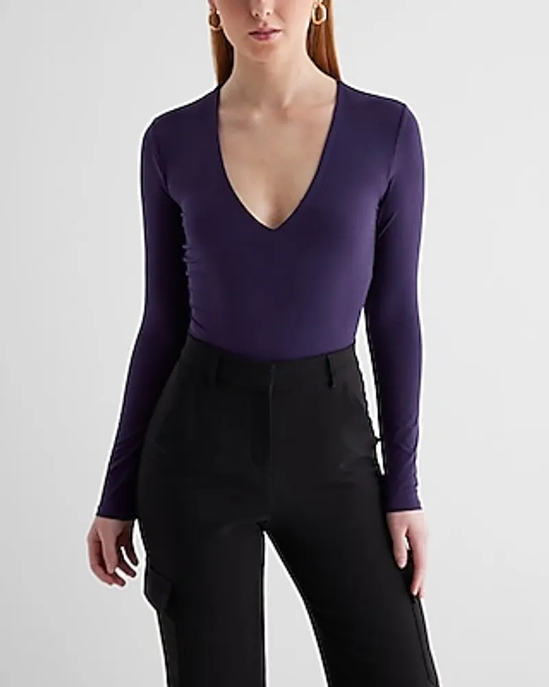 Body Contour Compression V-Neck Long Sleeve Bodysuit Purple Women's