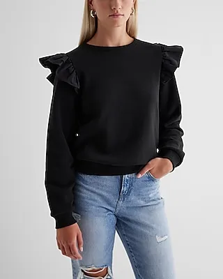 Skimming Crew Neck Poplin Ruffle Shoulder Fleece Sweatshirt Women's