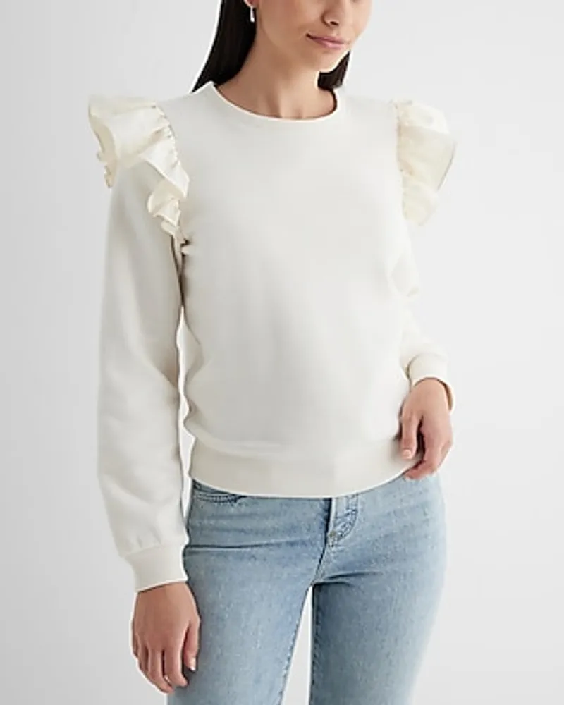 Skimming Crew Neck Poplin Ruffle Shoulder Fleece Sweatshirt White Women's L