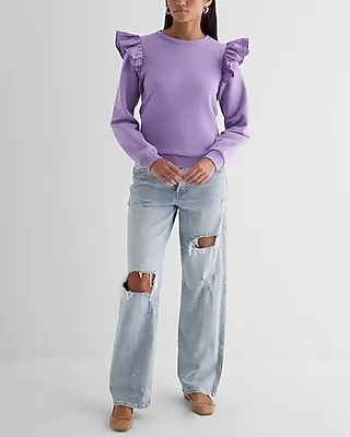 Skimming Crew Neck Poplin Ruffle Shoulder Fleece Sweatshirt Purple Women's XS