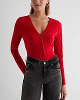 Skimming Ruched V-Neck Long Sleeve Tee Red Women's M