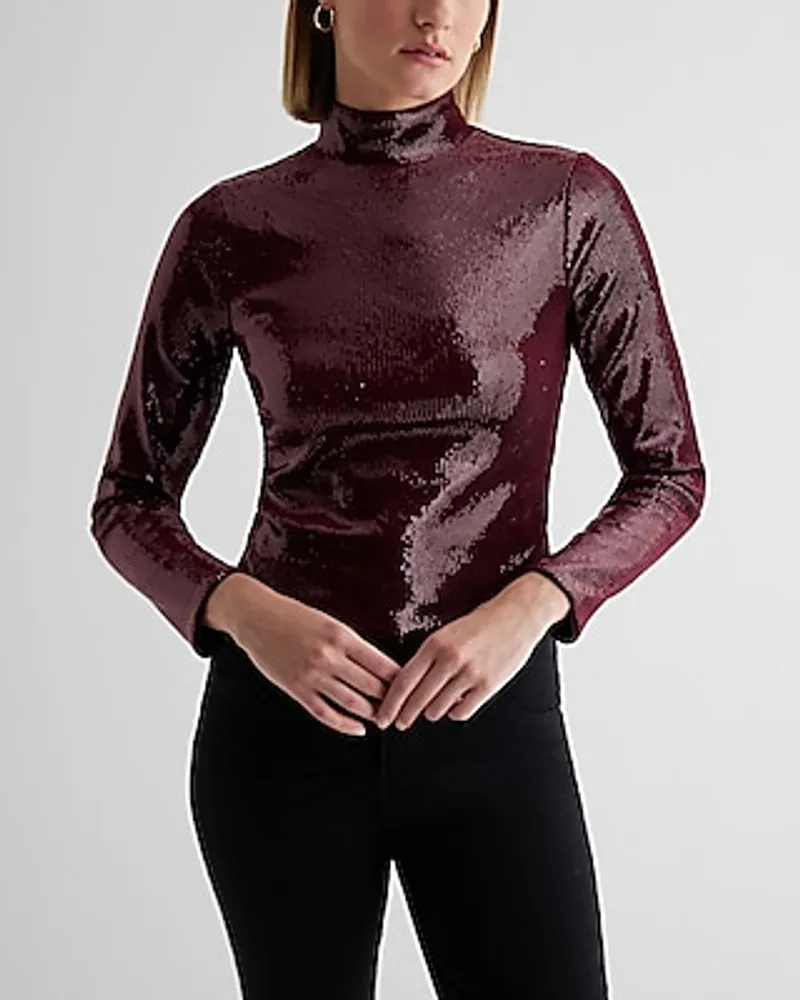 Body Contour Sequin Mock Neck Long Sleeve Tee Red Women's S