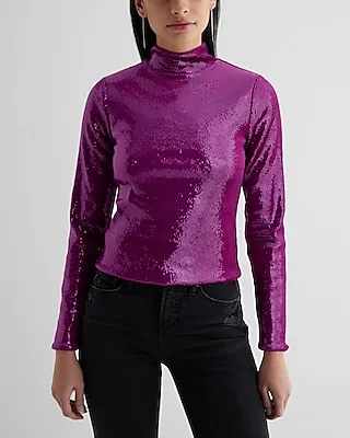 Body Contour Sequin Mock Neck Long Sleeve Tee Pink Women's XL