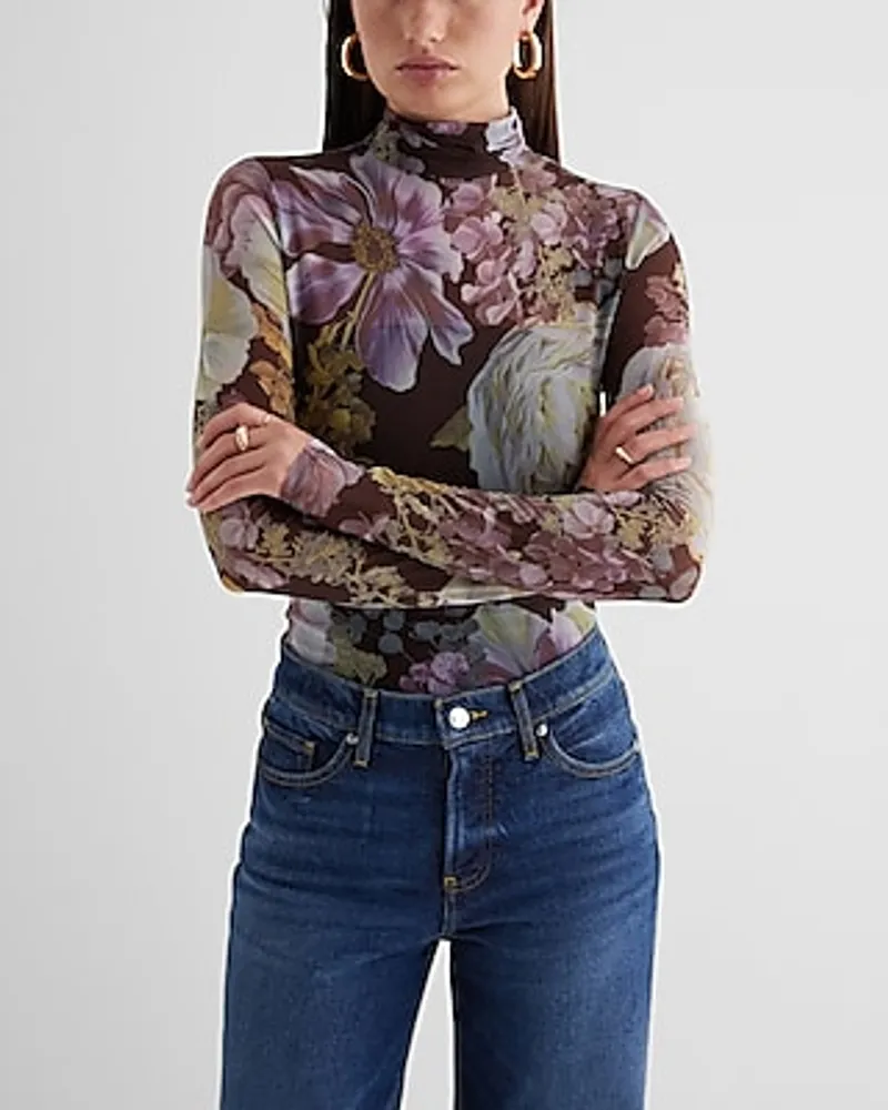 Express Fitted Mesh Floral Mock Neck Long Sleeve Bodysuit Multi