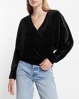 Velvet V-Neck Long Sleeve Faux Wrap Top Black Women's XS