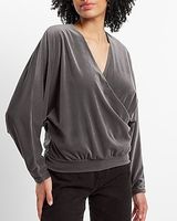 Velvet V-Neck Long Sleeve Faux Wrap Top Gray Women's S