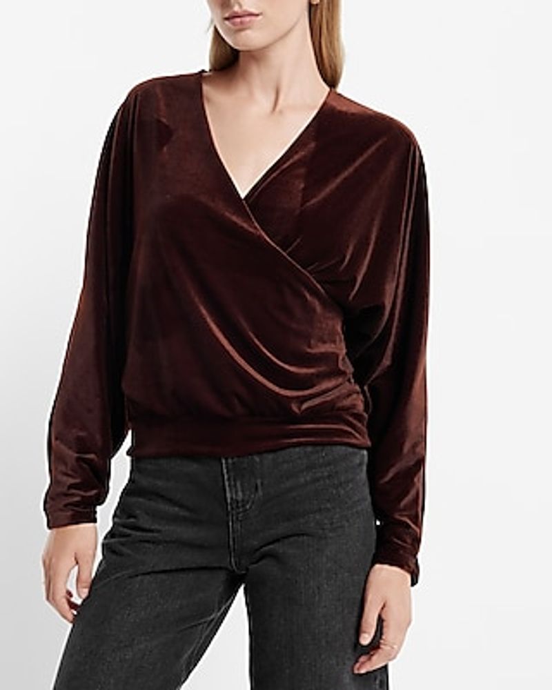 Velvet V-Neck Long Sleeve Faux Wrap Top Women's XS