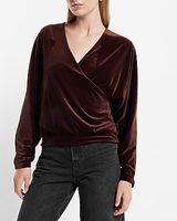 Velvet V-Neck Long Sleeve Faux Wrap Top Brown Women's XS