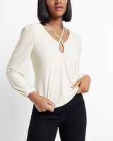 Matte Jersey Long Sleeve Strappy Keyhole Top White Women's XS