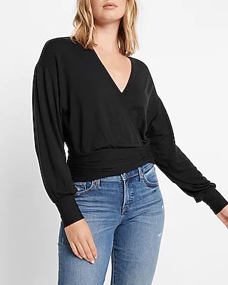 Solid Wrap Front Dolman Sleeve Sweatshirt Black Women's XS