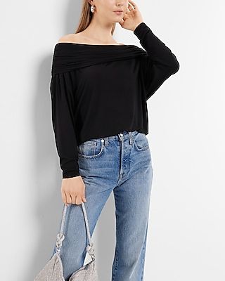 Off The Shoulder Dolman Sleeve Ruched Overlay Top Black Women's XS