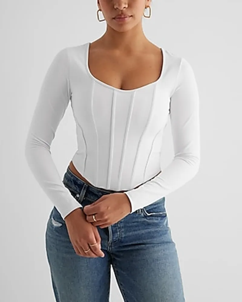 Express Body Contour High Compression Long Sleeve Corset Top White Women's  S