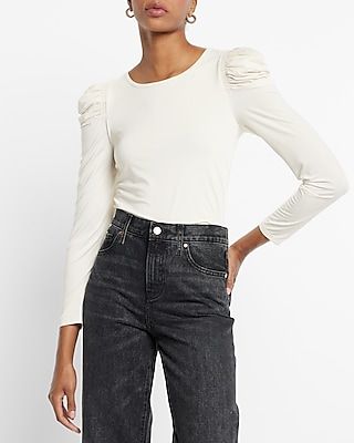 Sheen Jersey Long Sleeve Puff Shoulder Top White Women's XL