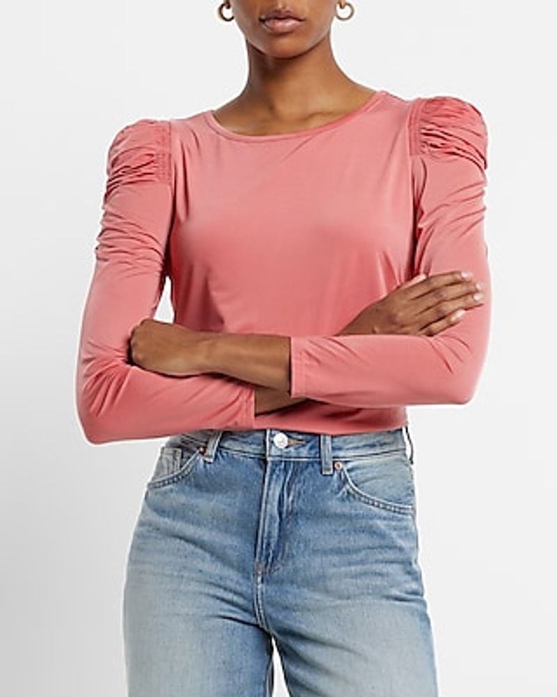 Sheen Jersey Long Sleeve Puff Shoulder Top Pink Women's XL