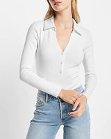 Ribbed V-Neck Long Sleeve Henley Polo Bodysuit White Women's XS